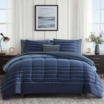 Comforter Set - 7 Pieces Bed in a Bag, Navy Blue-Stripe Bedding Sets, All Seasons Comforter Bed Set