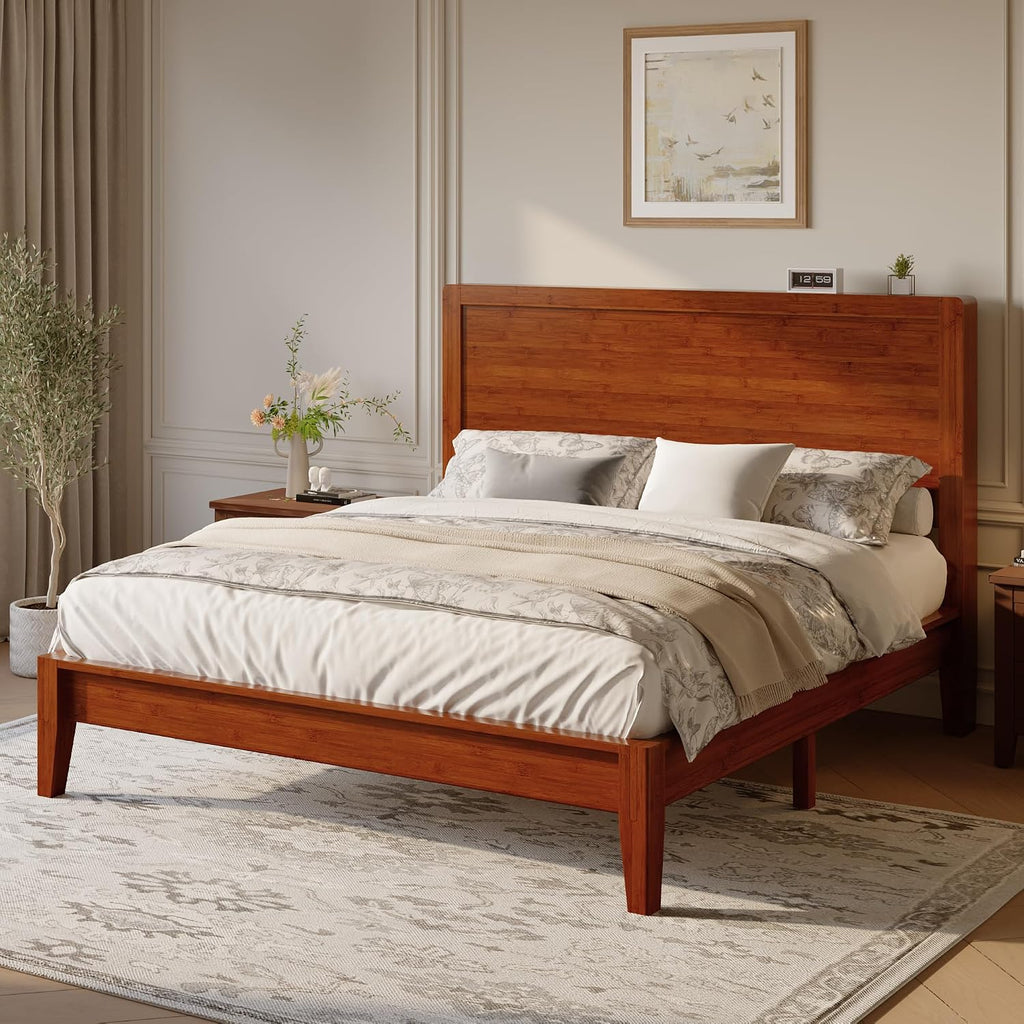 Queen Size Bamboo Bed Frame, Japanese Joinery, Warm Brown