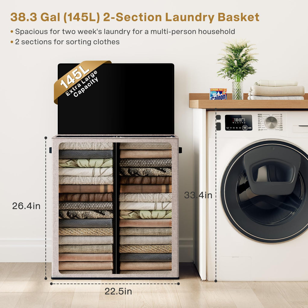Large Double Laundry Hamper with Lid, Collapsible Clothes Hamper 2 section with Removable Bags, Space-Saving Laundry