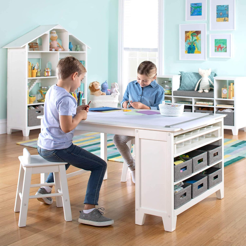 Kids' Art Table and Chair Set - Linen White: Wooden Kids Play Table for Arts and Crafts | Coloring Desk with Paint