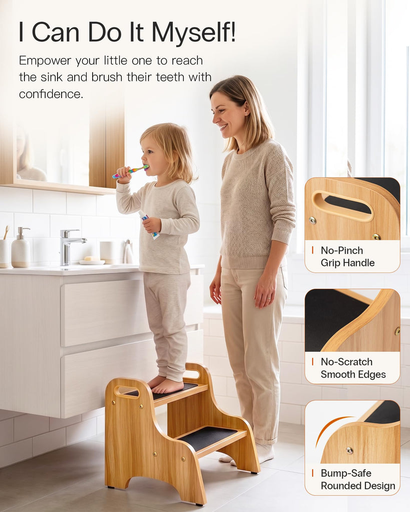 Wooden 2 Step Stool, 350 lb Capacity, Non-Slip, 2 Pack