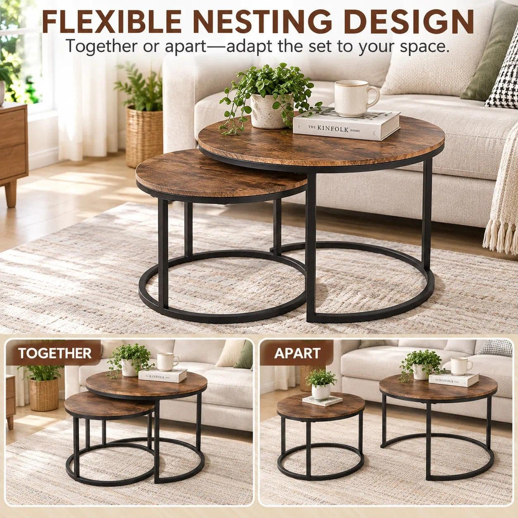Round Coffee, Nesting Coffee Set of 2, Rustic Brown