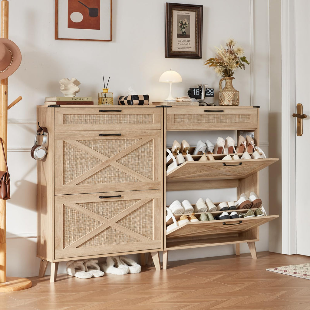 Rattan Shoe Cabinet Storage With 2 Flip Drawers