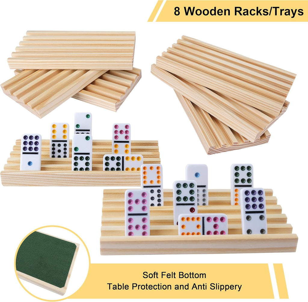 Double 12 Mexican Train Dominoes Set for Adults with Wooden Holders, 9 Train Markers, 91 Color Dot Tile Dominos - Set of 8