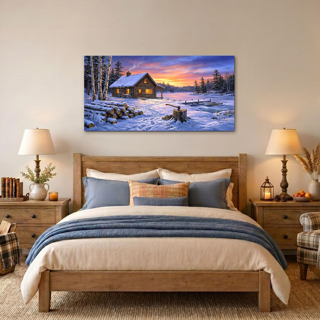 Blue Winter Cabin Wall Art Snow Landscape Canvas Print Framed Rustic Log House Pictures Sunset Lake Painting Bedroom