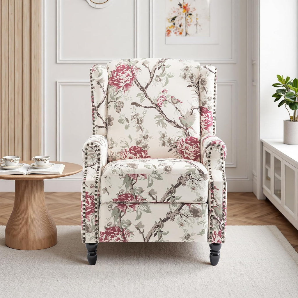 Pushback Recliner Chair, Floral Fabric Wingback Recliner Chair, Upholstered Rivet Trim Armchair Push Back Recliner