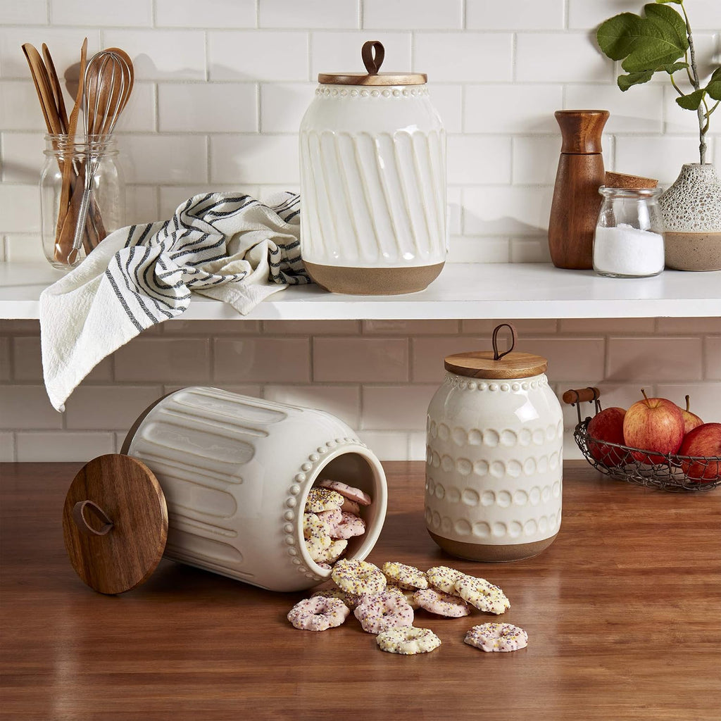 Tabletops Gallery Ceramic Canister Collection- Stoneware Designed Kitchen Storage Embossed Acacia Wood White Set, 3 - Set of 3