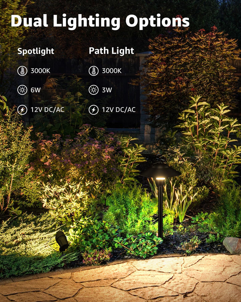 All-in-ONE Landscape Lighting Kit 6-Pack LED Outdoor Pathway Lights, 2-Pack Spotlights, 60W Transformer, 100FT 16/2