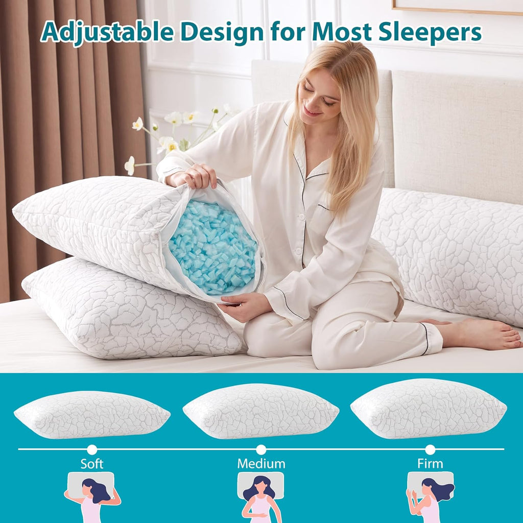 Cooling Pillows King Size Set of 2, Shredded Memory Foam | Adjustable for Hot Sleepers, Cold Pillows, Firm Bed