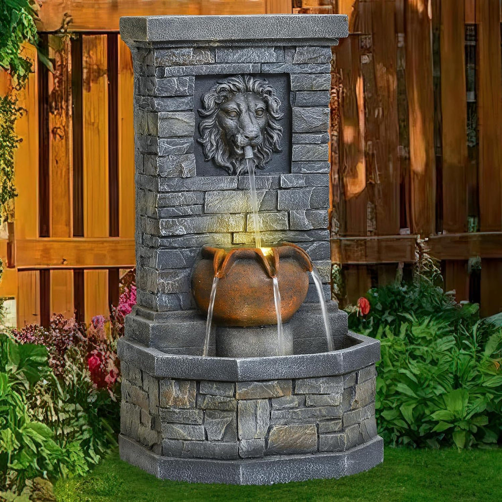 32'' Outdoor Water Fountain, Lion Head Floor-Standing Stone Waterfall Fountain with LED Lights
