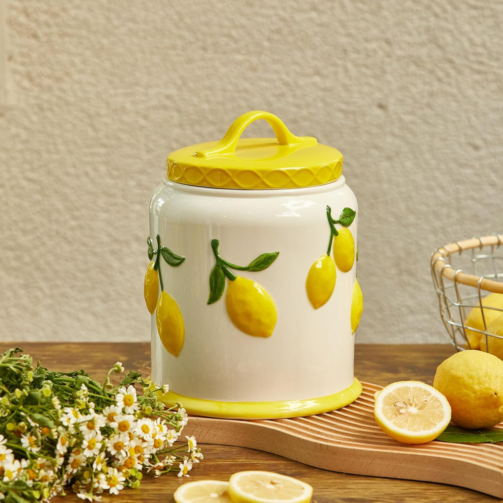Lemon Handpainted 9 inch Stoneware Cookie Jar, Dishwasher Safe, Air Tight Seal for Keeping Cookie, Spices, Coffee