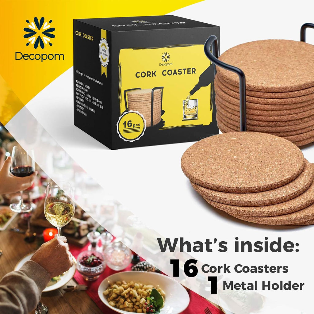 Cork Coasters for Drinks with Metal Holder - Round 4 inch Drink Coaster Thick Absorbent Heat-Resistant Saucer - Set of 16