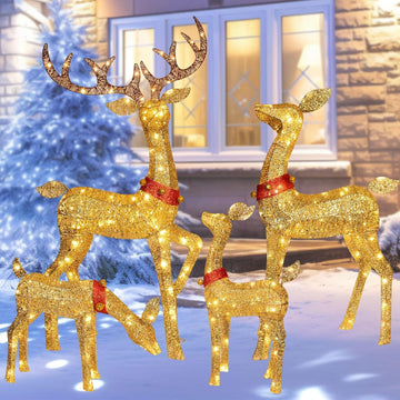 Christmas Decorations Outdoor Reindeer Family - 4-Piece 3D Lighted Deer Set with 245 LED Lights, Yard Christmas Decor