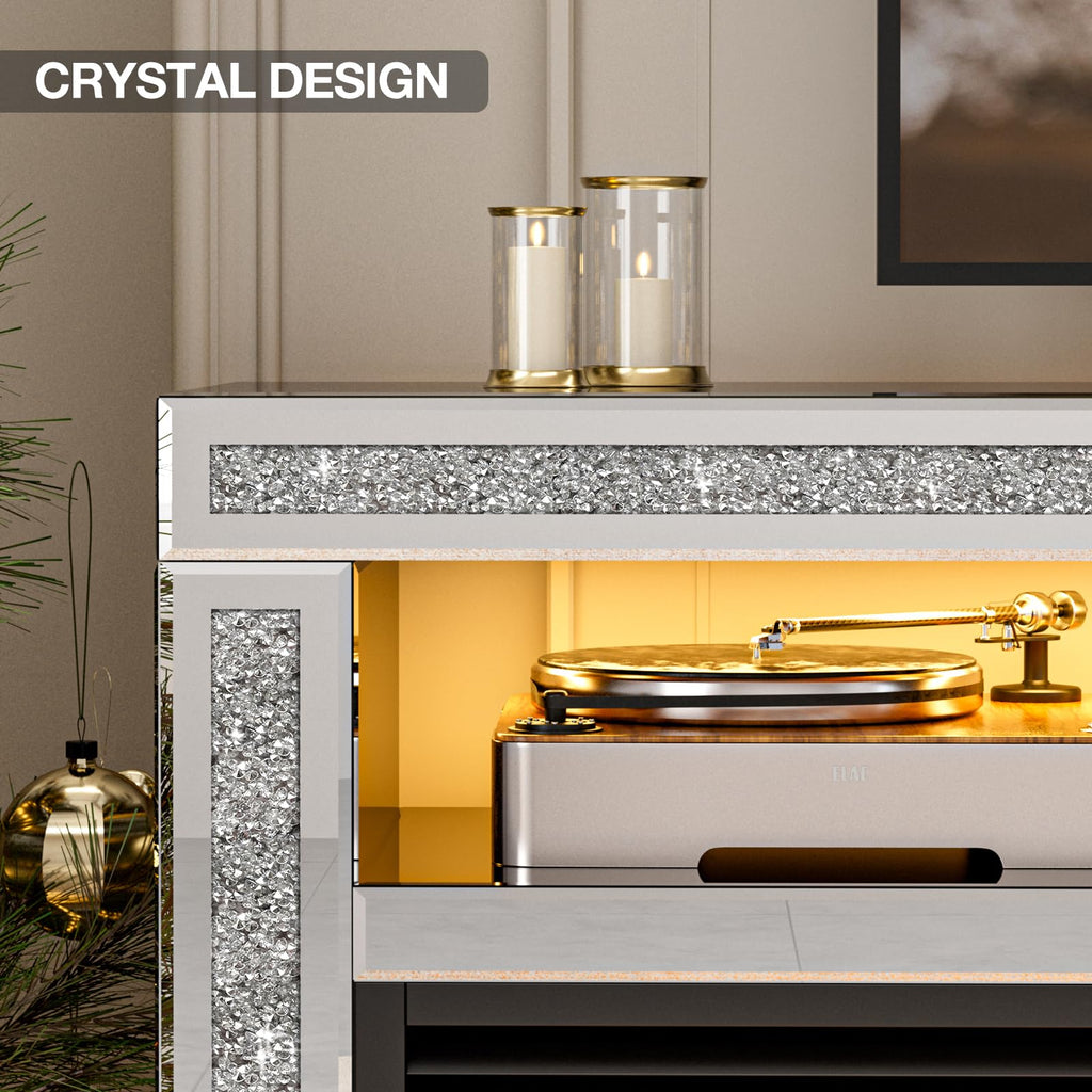 Mirrored Fireplace TV Stand for 65+ inch TV, Silver TV Console Table with Crushed Diamond and LED, Modern Media