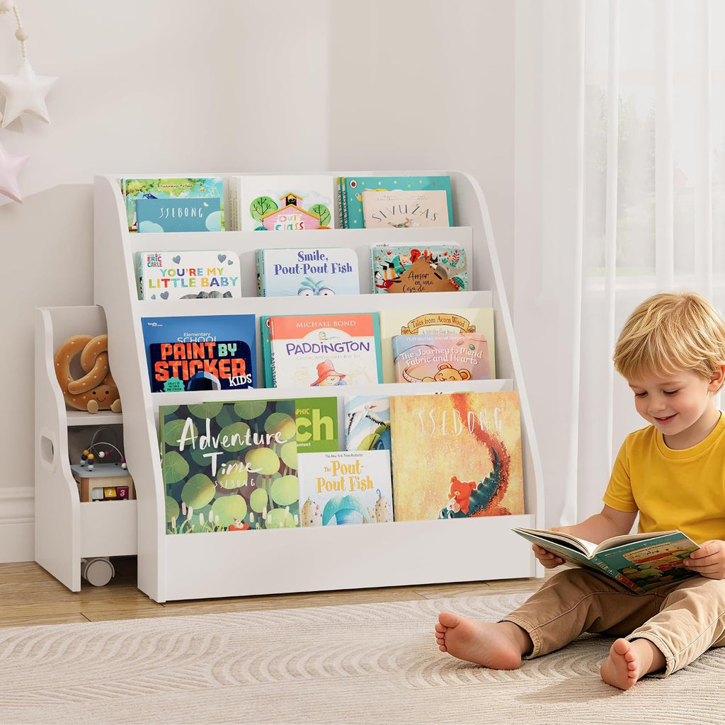 2-in-1 Montessori Kids Bookshelf - Toddler Nursery 4 Tier Wooden Shelf | Display Book Shelf for Kids Rooms, Children