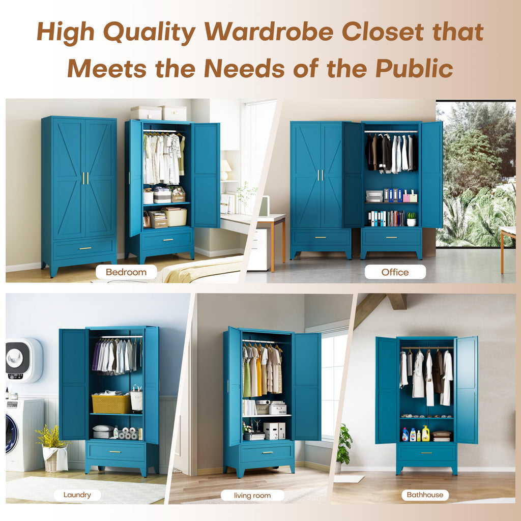 71" Metal Wardrobe Closet Clothing Storage Cabinet with 1 Drawers