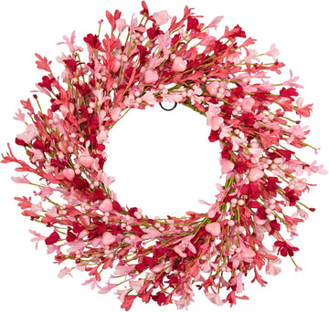 24 Inch Floral Wreath for Valentine's Day - Pink Red Ombre Wreath with Heart Shaped Berry ,Forsythina Flowers Outdoor