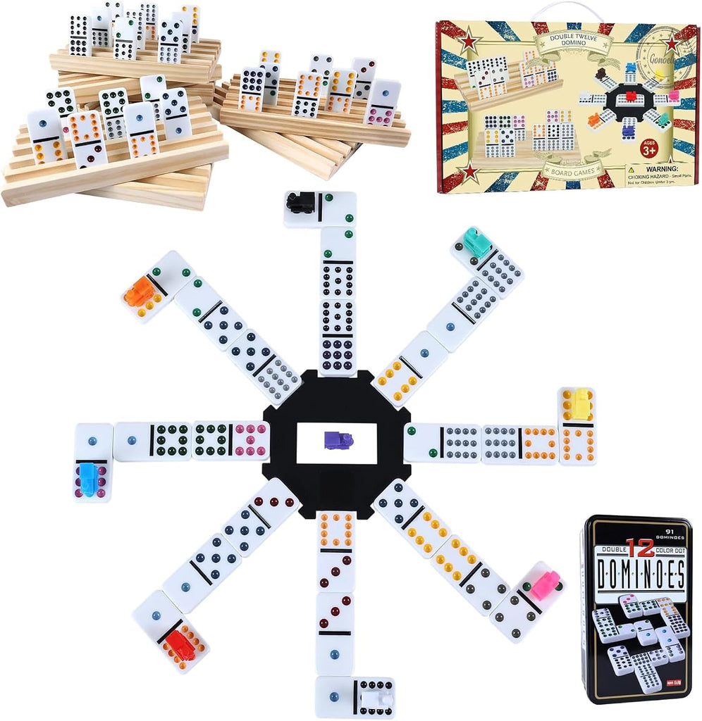 Double 12 Mexican Train Dominoes Set for Adults with Wooden Holders, 9 Train Markers, 91 Color Dot Tile Dominos - Set of 8