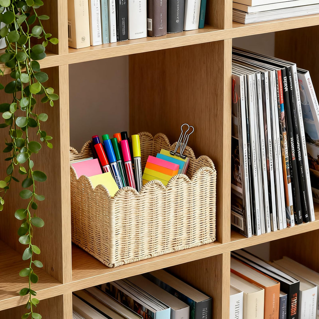 Scalloped Basket, Wicker Storage Baskets, Hand Woven Baskets for Shelves, Natural Baskets for Organizing