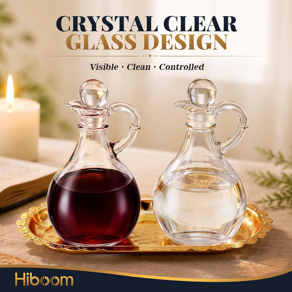 Catholic Church Oil & Vinegar Bottle Dispensers Glass Cruet Set with Tray - Set of 2