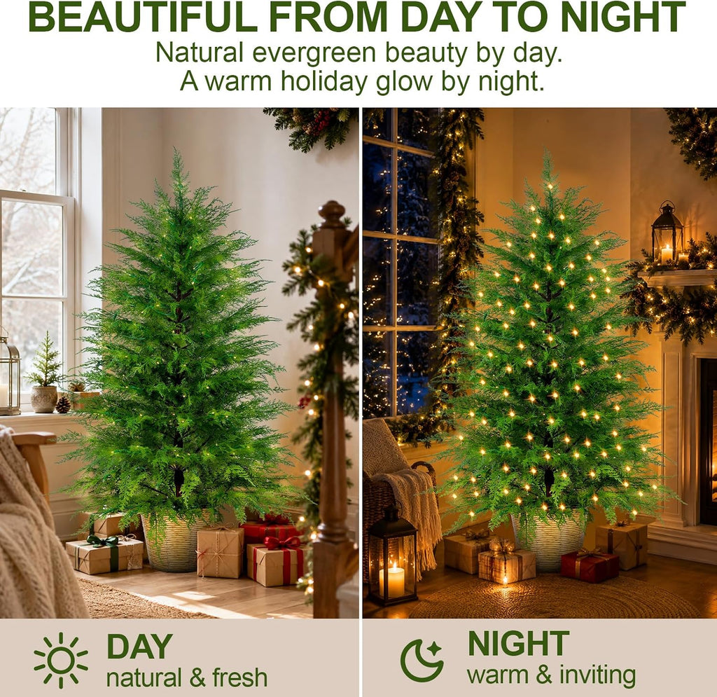 4FT Prelit Artificial Cedar Christmas Tree with Lights Plug in Power, Faux Cedar Potted Christmas Tree in Decorative