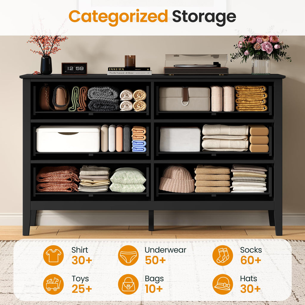 Black 6 Drawer Dresser, Fluted Dresser