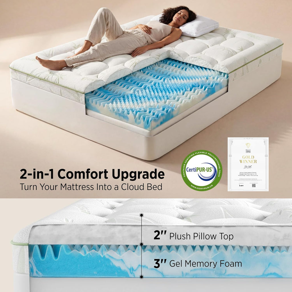 2-in-1 Mattress Topper, 5 Inch Memory Foam Mattress Topper Queen, 3 Inch Memory Foam + 2 Inch Viscose Made from