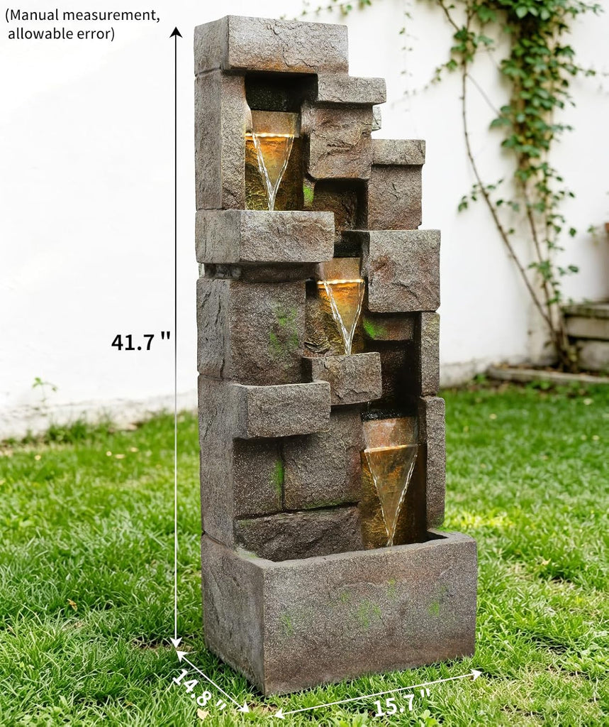 41.7" Outdoor Fountain 3 Tier Modern Water Fountains with LED Lights and Pump Outdoor Floor-Standing Rock Fountain Decor