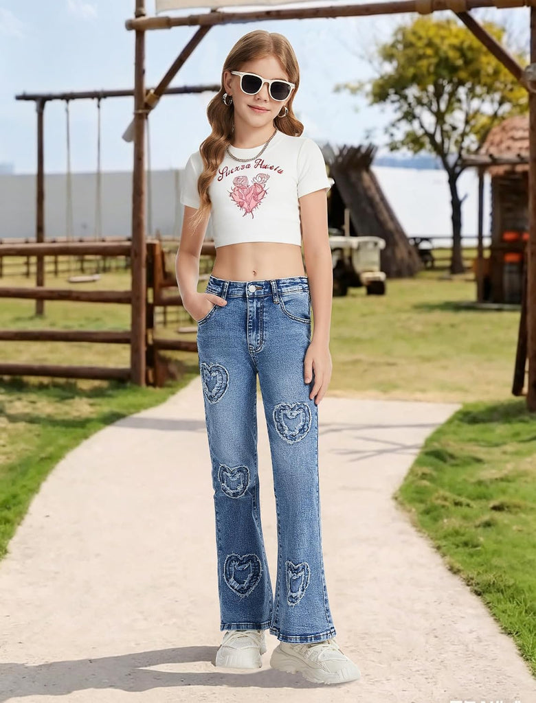 Girls Jeans Flare High Elastic Waist Denim Pants Bell Bottom Stretch Cute Y2K Streetwear with Pockets