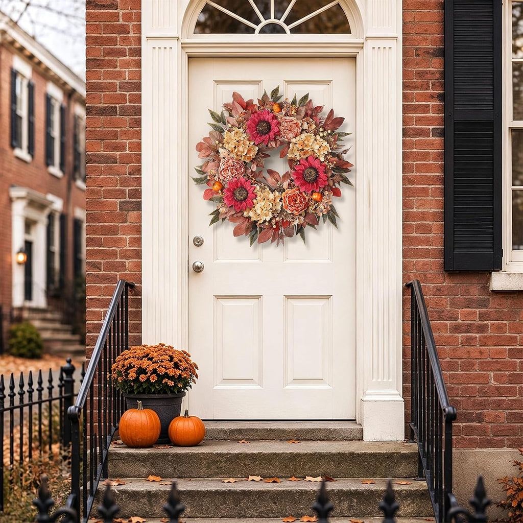 24"Fall Artificial Wreath with Sunflower Peony for Front Door Decor(Orange)
