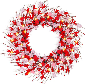 Valentines Day Decorations - 20 Inch Valentines Wreath, Artificial Lighted Pink Forsythia Wreath with Hearts Berries