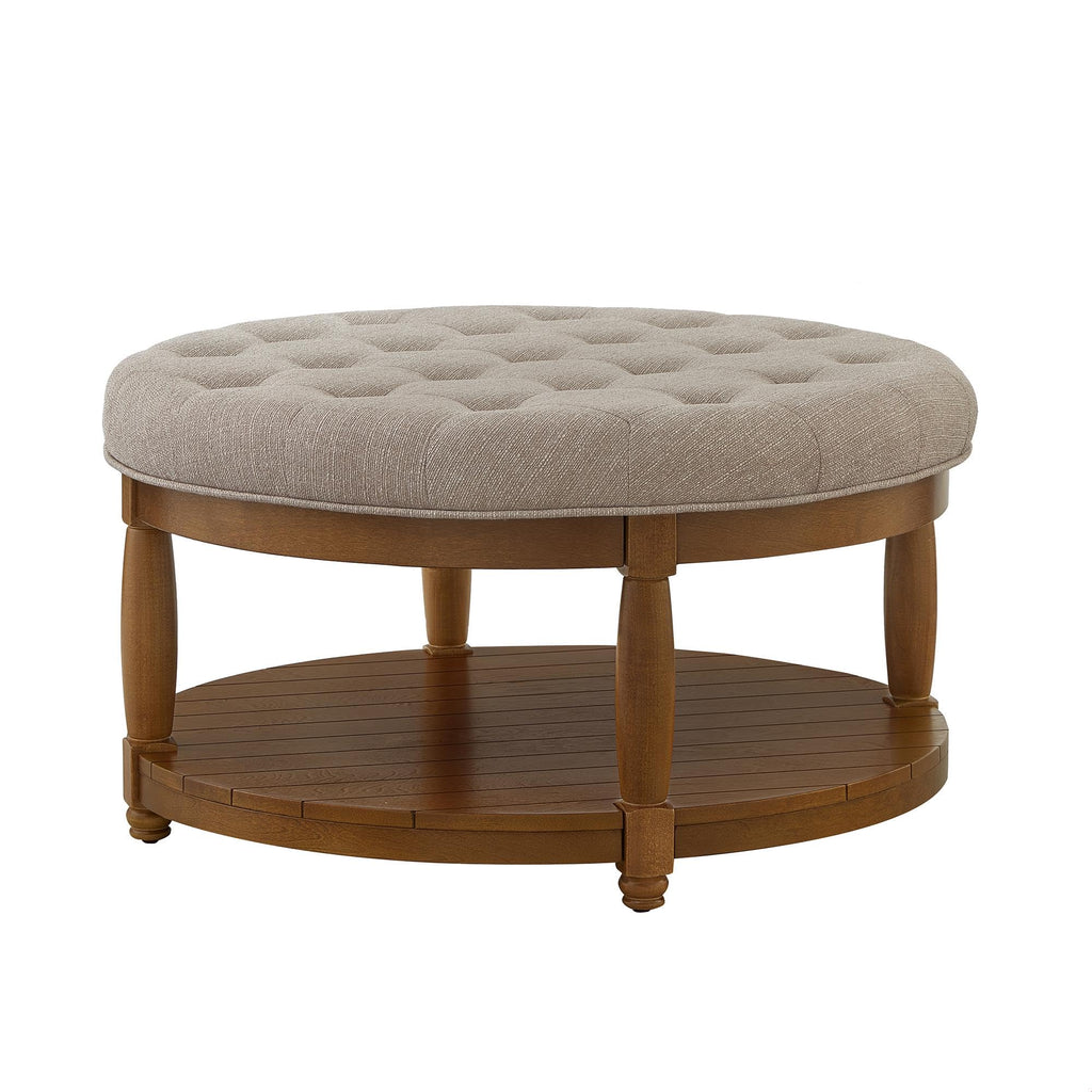 Large Round Upholstered Tufted Linen Ottoman Coffee Table with Solid Wood Frame and Open Storage Shelf, Upholstered