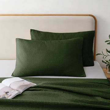 100% Cotton Waffle Pillow Shams Queen Size Set of 2, Green, 20" x 30"