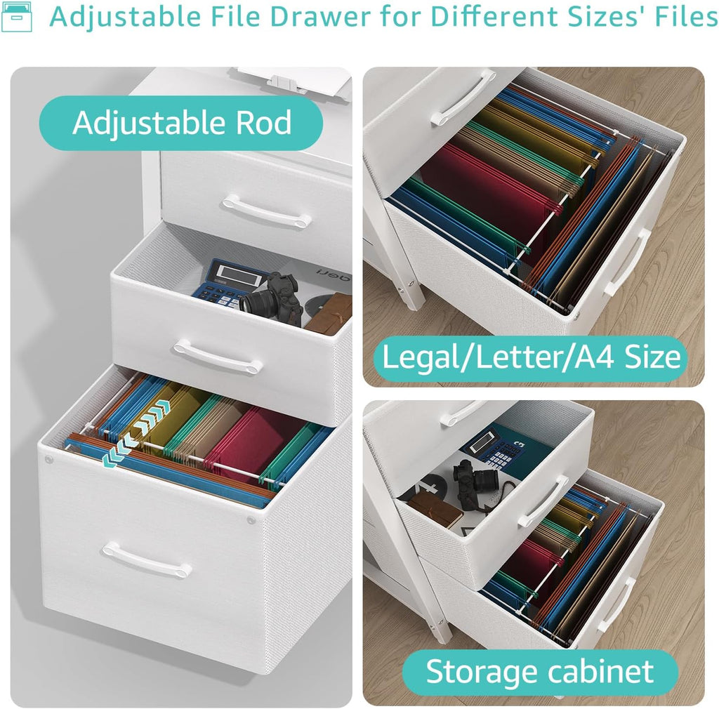 White Desk with File Drawers Cabinet, 47 Inch Reversible Computer Desk with Fabric Filing Cabinet Small Space Home