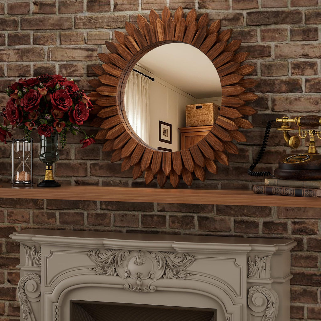 28" Walnut Round Sunburst Wooden Mirror Boho Rustic Wall Decor