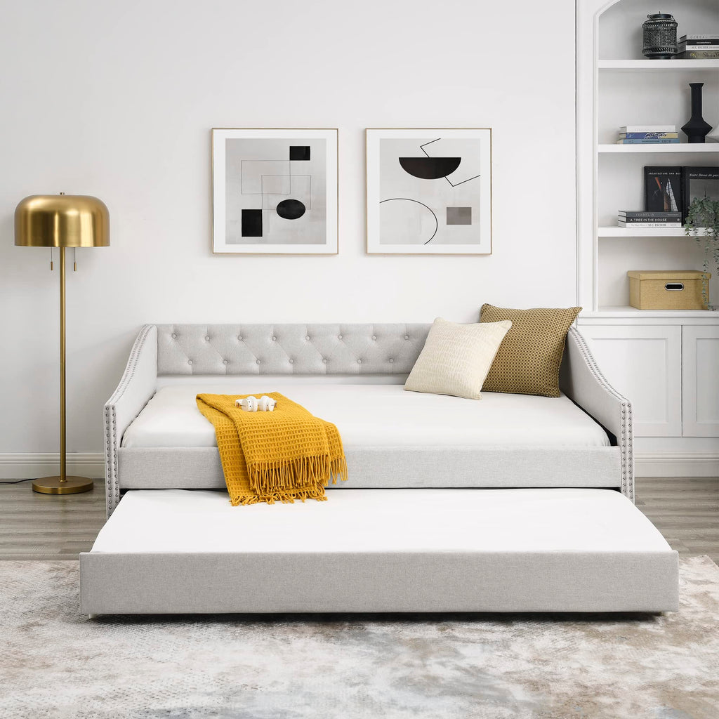 Upholstered Daybed with Trundle, Modern Button Tufted Fabric Full Size Daybed Frame Sofa Bed, No Box Spring Needed