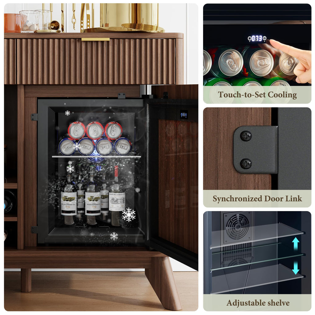 60" Wine Bar Cabinet, Coffee Bar Cabinet with Fridge Included, Walnut