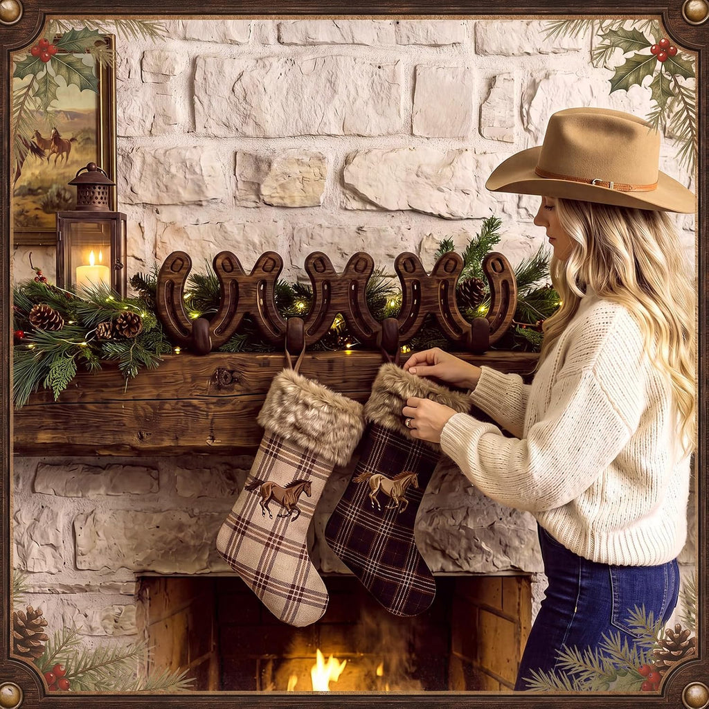 4 Pack Christmas Stocking Holders for Mantel Horseshoe Heavy Duty Cast Iron Mantel Hooks Rustic Western Farmhouse