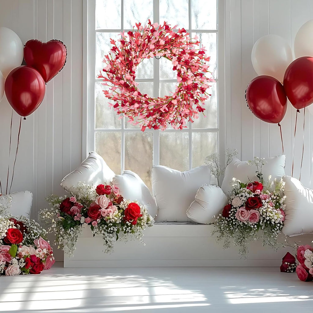 24 Inch Floral Wreath for Valentine's Day - Pink Red Ombre Wreath with Heart Shaped Berry ,Forsythina Flowers Outdoor