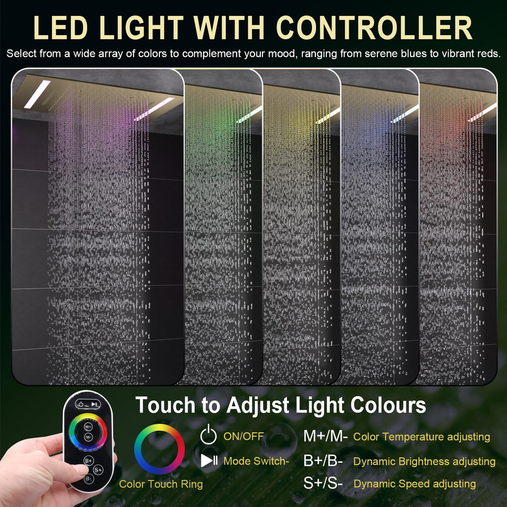 14x20" Luxury LED Shower Head with Lights, 3 Functions Rainfall Waterfall Mist, High-Pressure Ceiling Mount