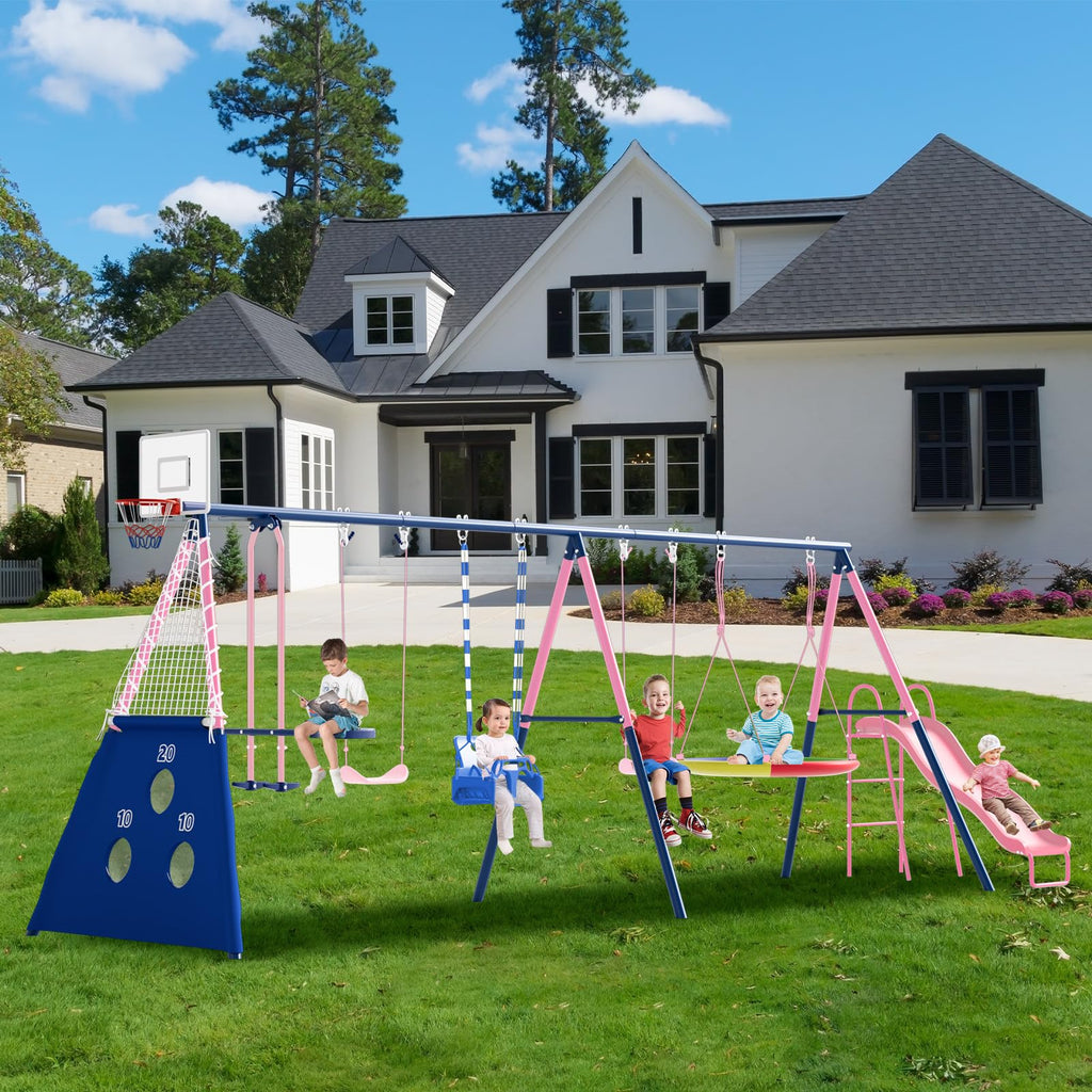 8-in-1 Kids Swing Sets for Backyard with Slide