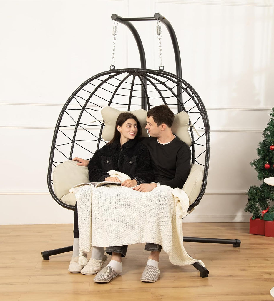 Double Egg Chair with Stand Hammock Swing Chair Foldable Hanging Loveseat, UV Resistant Removable Cushions, 700LBS