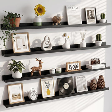 48 Inch Picture Ledge Shelf with Lip Set of 4, Black Floating Shelves for Wall, Wall Shelves in Varying Depths Bedroom