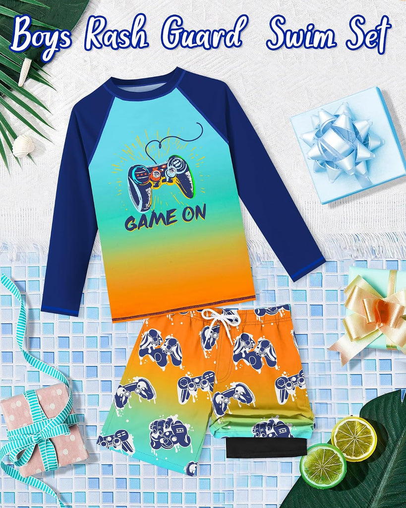 Boys Rash Guard Swim Set with Swim Trunks Bathing Suit Long Sleeve Swim Shirt Quick Dry Swimsuit Kids Swimwear Size