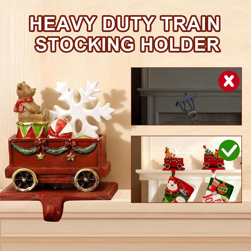 Christmas Train Stocking Holders for Mantle with Hook Set of 3, Red Cast Iron Weighted Stocking Hooks,Heavy Duty