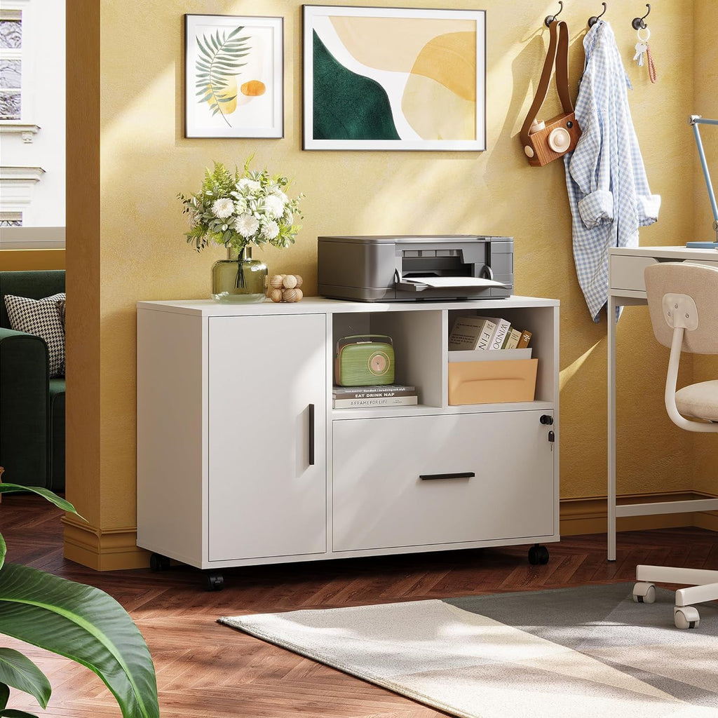 Office File Cabinet with Lock, 1-Drawer Wood Lateral Filing Cabinet on Wheels, Printer Stand with Open Storage