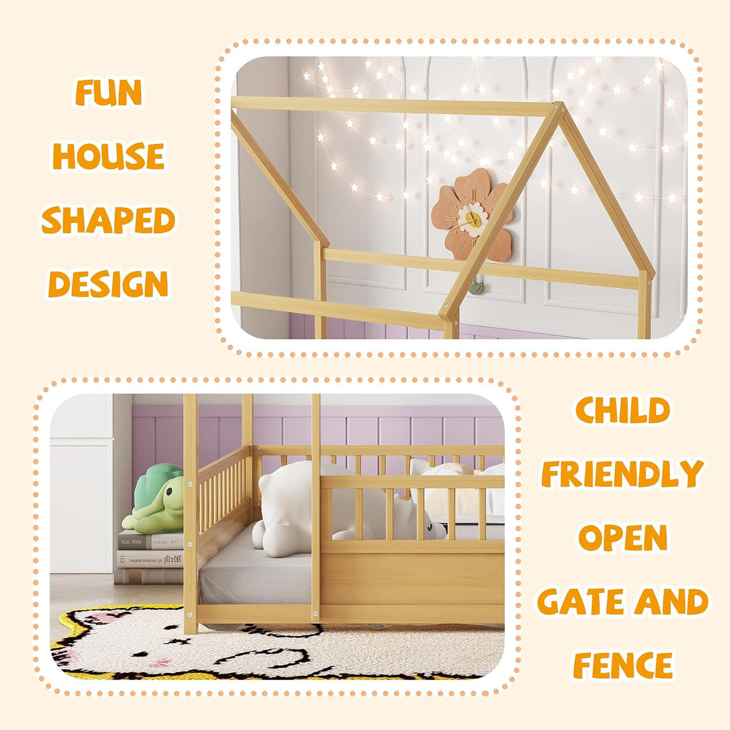House Floor Bed Frame Full Size, Wood Montessori Floor Bed with High Fence and Roof, Easy Assemble Montessori Beds