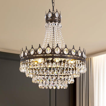 Large Crystal Chandeliers, Vintage French Empire Chandelier, Antique Bronze Crystal Pendant Light, Rustic Farmhouse Ceiling Light for Dining Room Bedroom Living Room Kitchen Foyer, W 24" A108-B0DL5NVW4P
