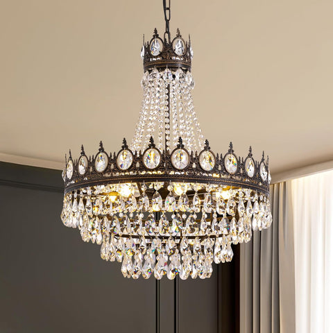 Large Crystal Chandeliers, Vintage French Empire Chandelier, Antique Bronze Crystal Pendant Light, Rustic Farmhouse Ceiling Light for Dining Room Bedroom Living Room Kitchen Foyer, W 24" A108-B0DL5NVW4P