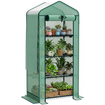4 Tier Mini Greenhouse w/ Screen Roof 27.6" x 19.7" x 62.2" Green